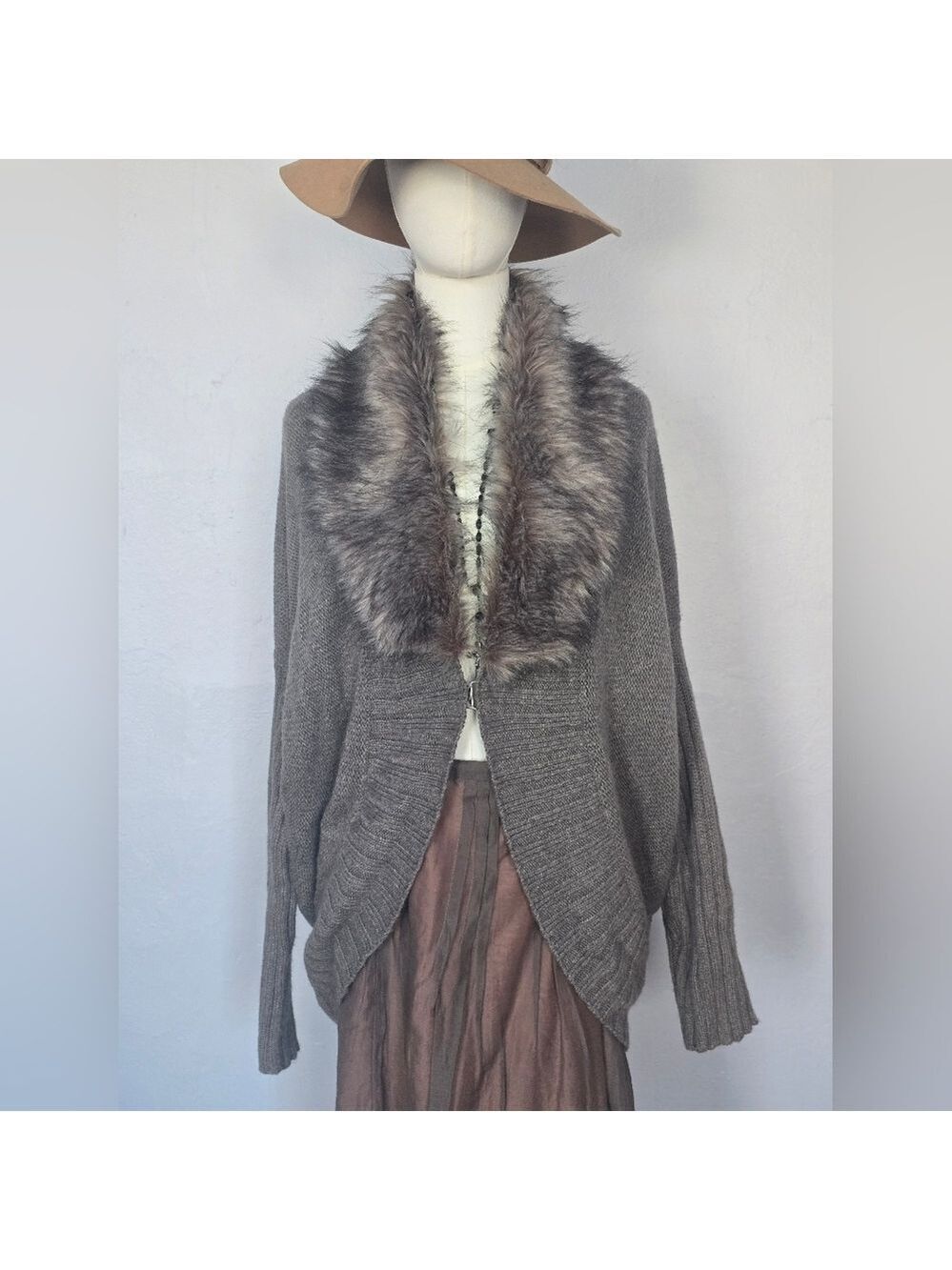 3 Dots Sophie Faux Mink Collar Cocoon Cape Cardigan Oversized Sweater